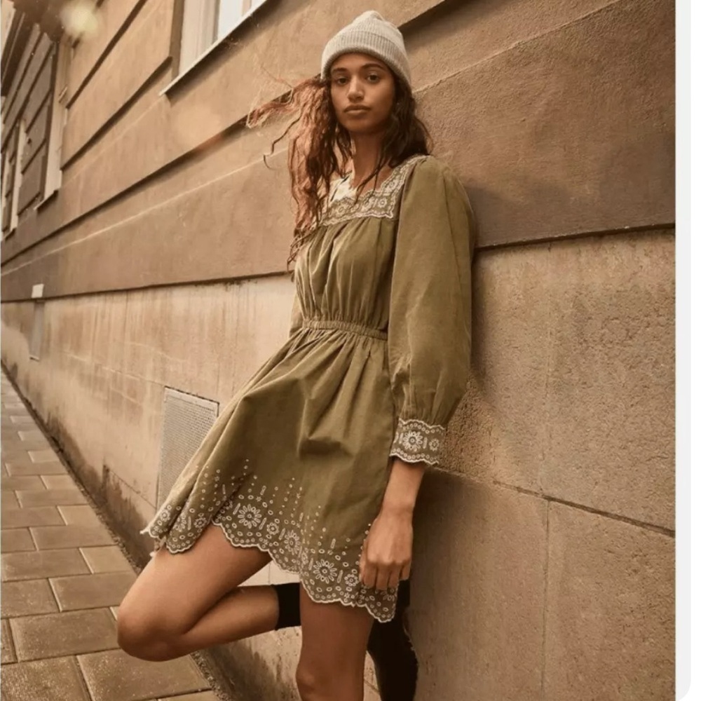 NWOT Madewell Embroidered Olive Green Corduroy Square-Neck Mini Dress Size M